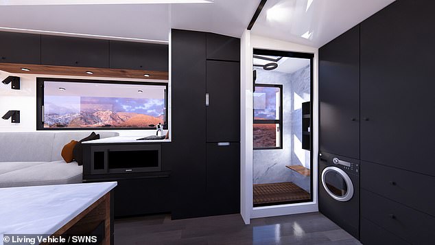 The main living area of the Cybertrailer transitions into a private bedroom and bunk room for four adults and a child