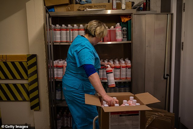 Embalming fluid is made up of chemicals that preserve and delay decomposition, including formaldehyde and methanol, as seen above at a funeral home