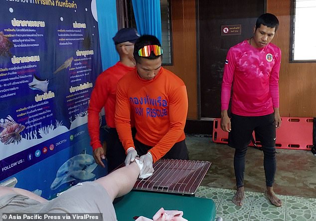 Members of the Thai Navy patched up the deep cut, which was near her right Achilles tendon