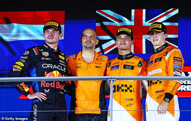 Lando Norris (second left) and Max Verstappen (left) are locked in a battle for the championship