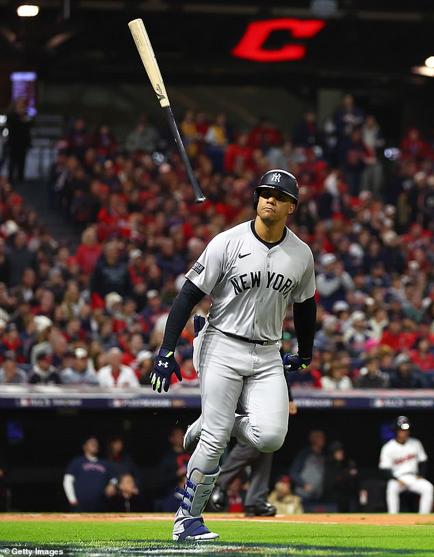 Yankees slugger Juan Soto flips his bat after smacking a home run in the first inning