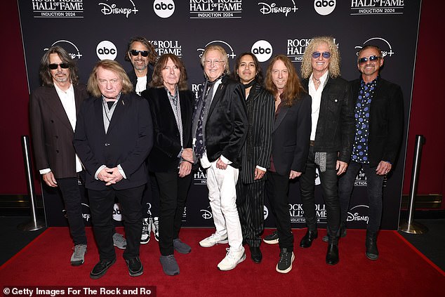 Foreigner, a rock band that has been waiting for over two decades to be inducted into the Rock & Roll Hall of Fame, had big smiles on their faces at the event. Band members Kelly Hansen, Lou Gramm, Michael Bluestein, Al Greenwood, Rick Wills, Luis Maldonado, Jeff Pilson, Bruce Watson and Chris Frazier were all spotted in attendance