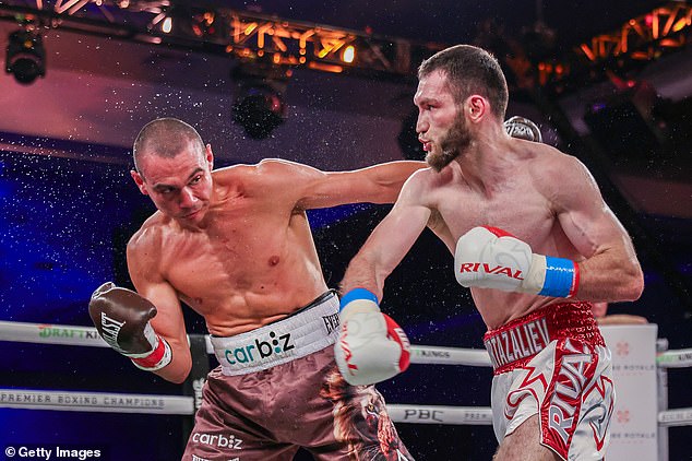 Tszyu's corner threw in the towel twice as he was levelled by a series of powerful punches in the third round (pictured)