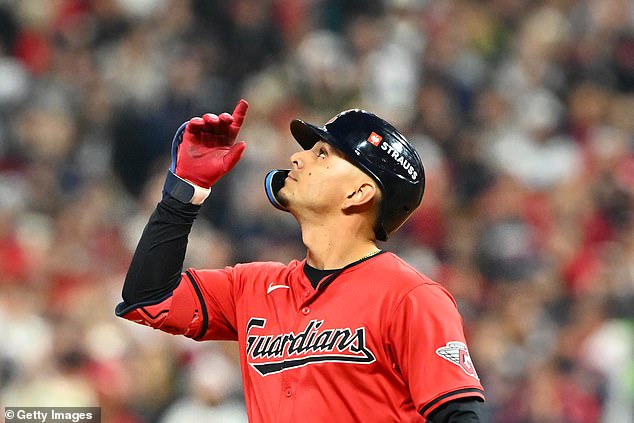 Andres Gimenez celebrates after hitting a double in the fifth inning against the Yankees