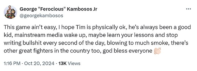 Aussie ex-world champion George Kambosos Jr accused Tszyu of being all hype as he kicked the 29-year-old while he was down with a social media post (pictured)