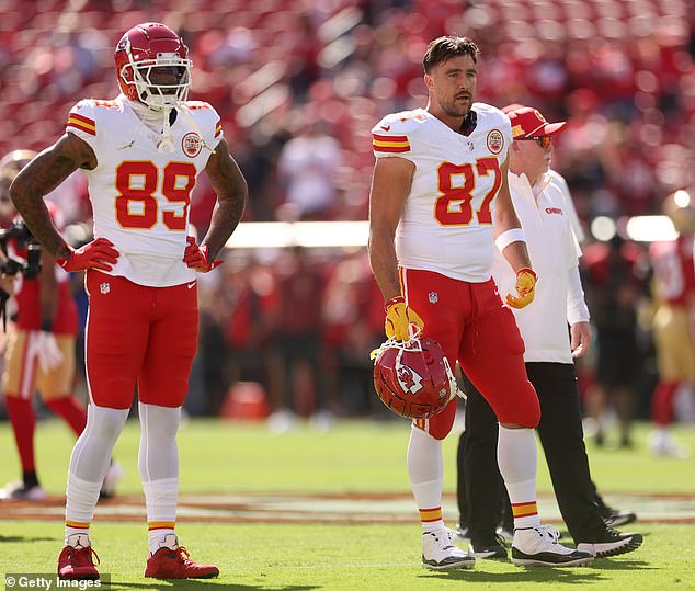 From there, Kelce made his way to the locker room to change into his familiar number 87 Chiefs uniform, and then hit the field to warm up for the matchup