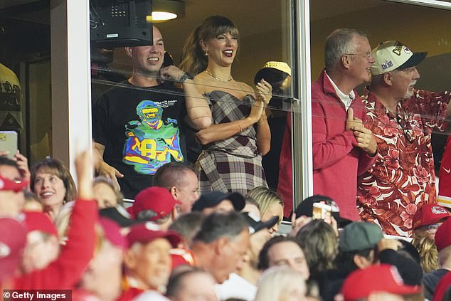 The Tortured Poets Department star has been a mainstay at her beau's games since week three of the NFL 2023 season; she is pictured at Chiefs game in Kansas City on October 7