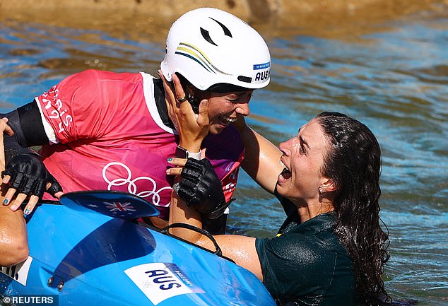 The emotion flowed over when her sister Noemie also claimed gold, with Jessica jumping into the water to celebrate with her