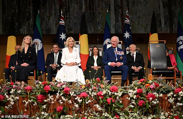 King Charles, Queen Camilla and Australia's Prime Minister Anthony Albanese's partner Jodie Jaydon attend the parliamentary reception in Canberra, Australia