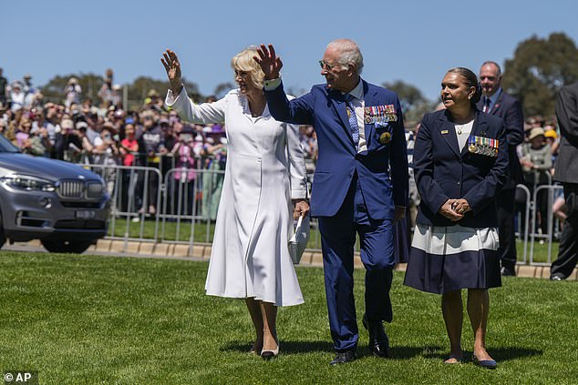 King Charles III and Queen Camilla waves at the Australian War Memorial in Canberra, Monday, October 21