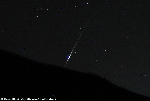 As the particles of dust from Halley's Comet hit Earth they produce particularly-fast moving shooting stars with fine trails. The shower will be at its peak for the next two to three days and will continue until November 7. Picured: a metoer from the Orionid Meteor Shower imaged by NASA