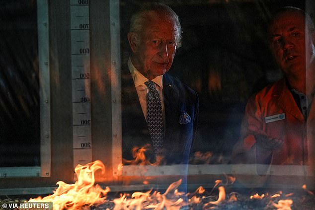 King Charles III views the Pyroton fire demonstration during a visit to the Commonwealth Scientific and Industrial Research Organisation National Bushfire Behaviour Research Laboratory in Canberra today