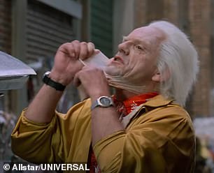 Doc Brown removes his 'disguise' after having visited a rejuvenation clinic to add 30 to 40 years to his life