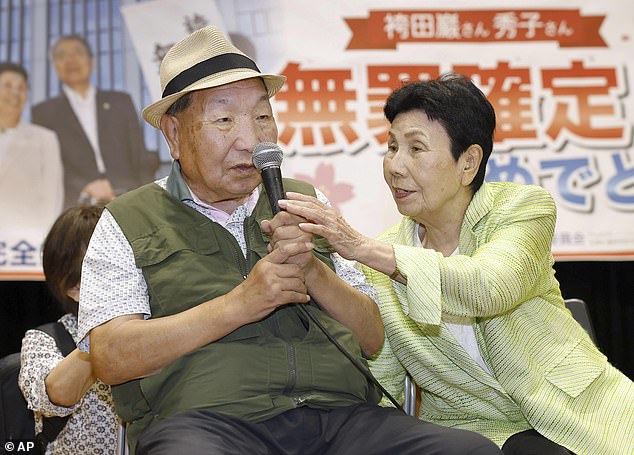 Former Japanese death-row inmate Iwao Hakamada, left, and his sister Hideko Hakamada attend a gathering of supporters in Shizuoka, central Japan on Oct. 14, 2024