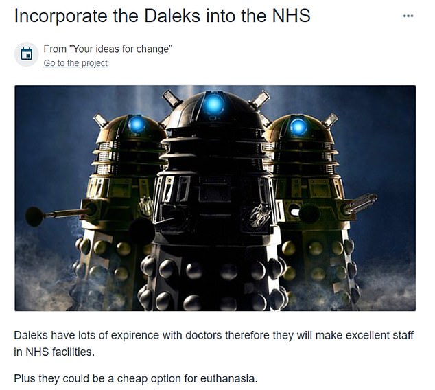 Other suggestions mooted anonymously included 'incorporating Daleks into the NHS'