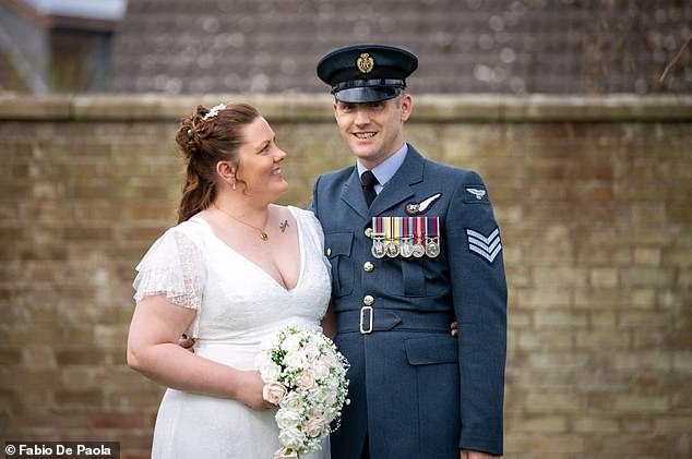 Amy on her wedding day with second husband RAF sergeant Nick, 39, whom she met six years ago and who understands that Jasmine comes first in her life