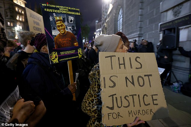 Protesters gather after the trial verdict where Blake was cleared of Mr Kaba's murder