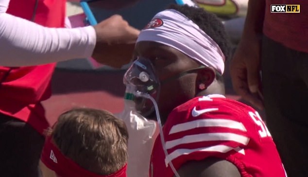 Samuel received oxygen on the sidelines during Sunday's game against the Kansas City Chiefs