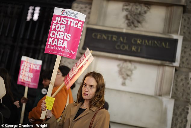 Protesters gather outside the Old Bailey to demonstrate their opposition to the verdict of not guilty in the case of the fatal shooting of Chris Kaba by Metropolitan Police Firearms Officer Martyn Blake