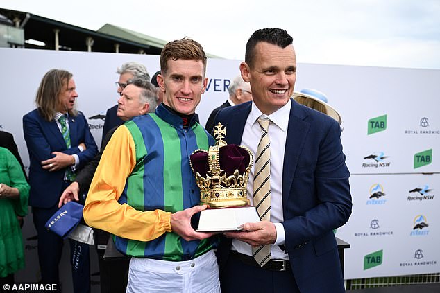 Trainer Joe Pride (right) saw jockey Chad Schofield win the King Charles III Stakes on board his horse Ceolwulf