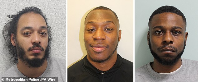 Mr Kaba's associates, Shemiah Bell (left) and Marcus Pottinger (centre), both 31, were found guilty of wounding with intent in February while Connel Bamgboye (right), 29, was convicted of possession of a firearm with intent to cause fear of violence