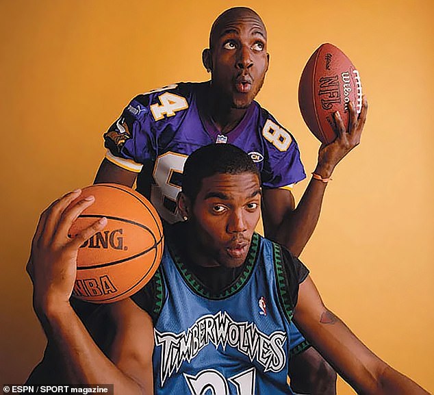 The two athletes paid homage to Kevin Garnett (back) and Randy Moss's (front) pose on the cover of Sport magazine back in 2000