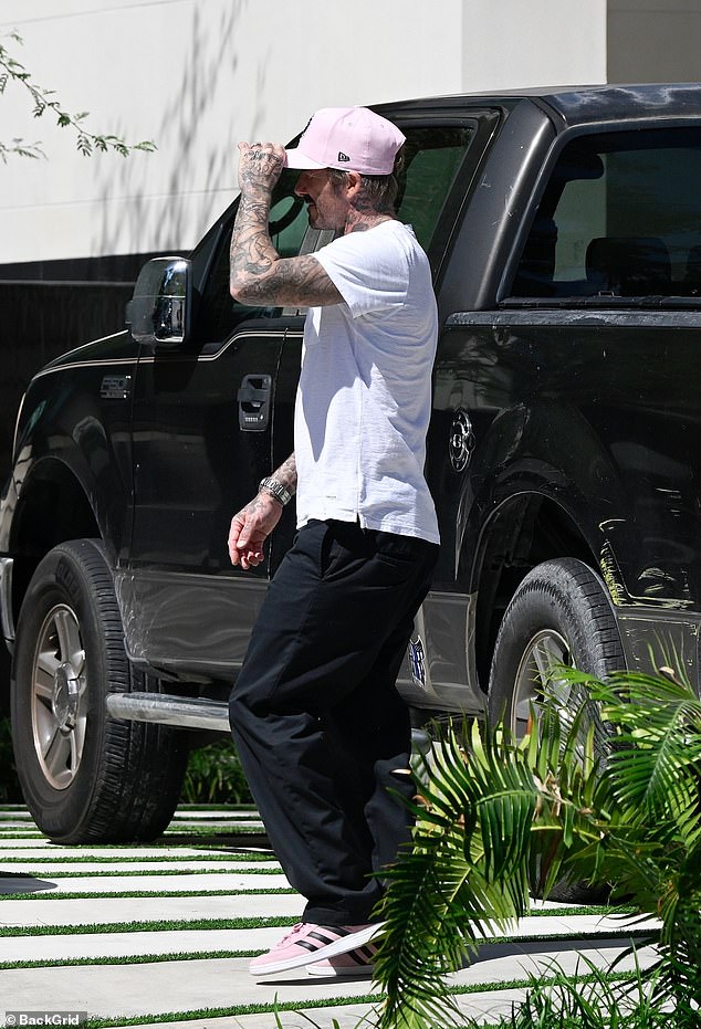 Beckham wears Adidas 'Originals x Lionel Messi Samba' trainers, named after the Miami player