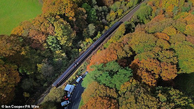 Pictured: Emergency workers at the scene. An investigation has been opened into the incident and the Rail Accident Investigation Branch (RAIB) said the condition of the track on the approach to the collision point meant 'adhesion' between wheels and rails was 'relatively low