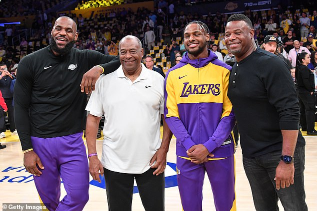 LeBron James, Ken Griffey Sr., Bronny James and Ken Griffey Jr. greet each other Tuesday