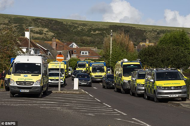 The scene outside All Saints Church close to the care home shows the sheer scale of the response by emergency services