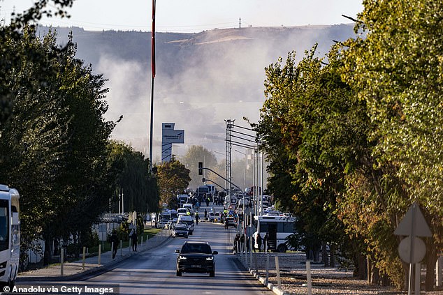 Smoke rises as security forces, firefighters, and paramedics are dispatched to Turkish Aerospace Industries' (TAI) facilities after explosions and gunshots were reported