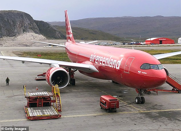 Pictured: An Air Greenland plane at a Nuuk airport. Air Greenland has not offered nonstop flights from America to Greenland