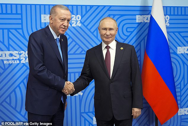 Russian President Vladimir Putin met his Turkish counterpart at the BRICS summit in Kazan, Russia, this evening, and offered his condolences over the deadly attack