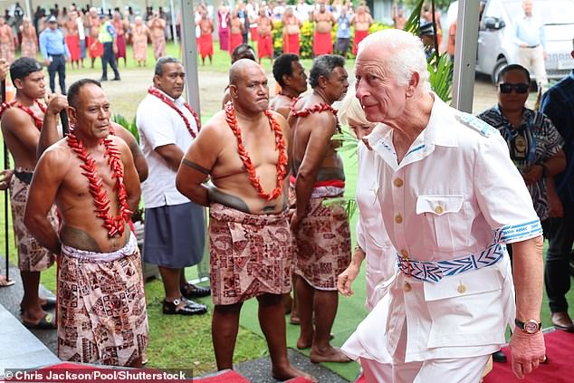 Charles arrives ahead of the official welcome at the National University of Samoa on Wednesday