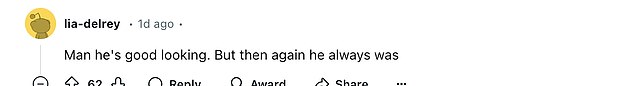 Despite his character¿s brief and controversial stint, fans couldn¿t help but admire how well the actor has aged, with one Reddit commenter noting, 'Aged like a fine wine (way better now than in ¿94)