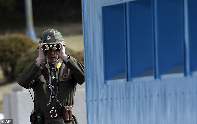 Mrs X said: 'There were countless instances of girls, who could be considered daughters or younger sisters, being used as sexual toys [in the detention camps]' (file image of a North Korean soldier looking through binoculars)