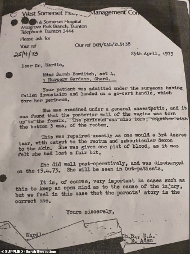 The hospital notes, which Sarah only uncovered in her 50s, proved crucial in securing a conviction for the abuse