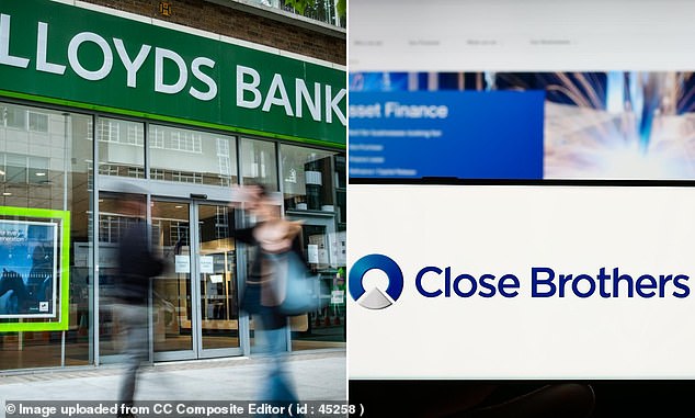 Hit hard: Close Brothers tumbled 24.5 per cent, or 89.8p, to 276.6p and Lloyds Banking Group fell 7.3 per cent, or 4.5p, to 57.66p