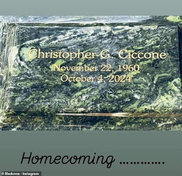 She wrote 'Homecoming…' above a photo of her late brother's green marble grave maker detailed with his name, date of birth and date of death