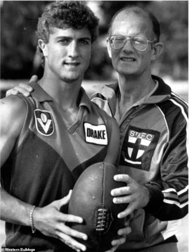 His son is Western Bulldogs premiership-winning coach Luke Beveridge (pictured left, in his playing days)