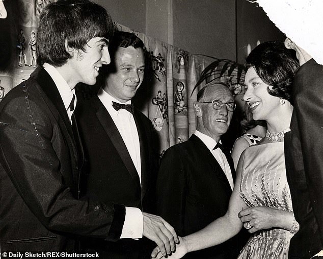 George Harrison and manager Brian meet Princess Margaret at a film premiere in London in 1964