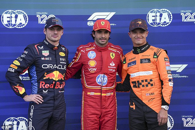 Carlos Sainz, centre, earned pole by finishing ahead of Verstappen and Norris in qualifying