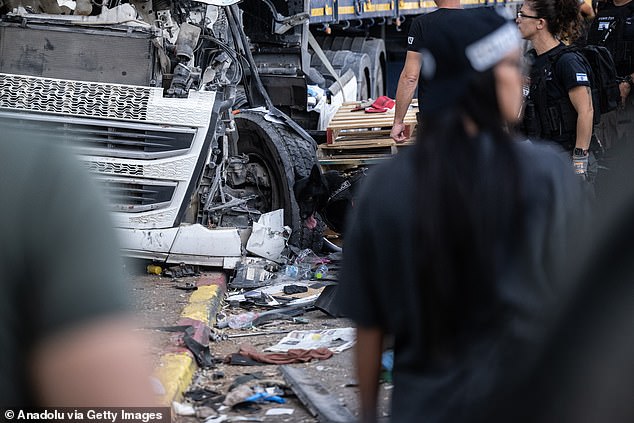 A view of the area as medical teams responding to dozens of people at the scene after a truck crashed into a bus stop, north of Tel Aviv, Israel, on October 27, 2024