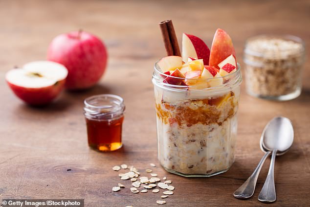 These overnight oats contain added collagen powder that will help boost the protein content of your breakfast