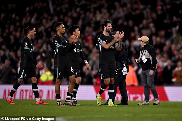 Liverpool's players pictured applauding their travelling supporters after full-time in London