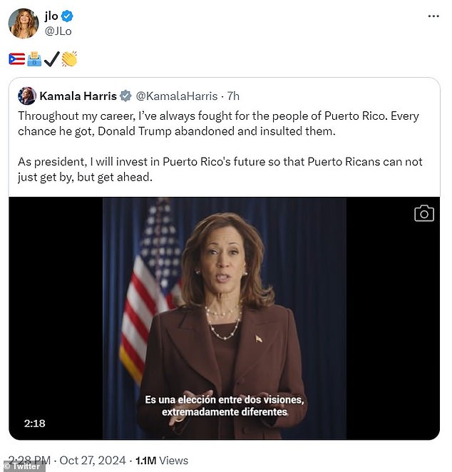 Lopez shared the same video and multiple slides showing Harris' Puerto Rico policy to 250 million followers