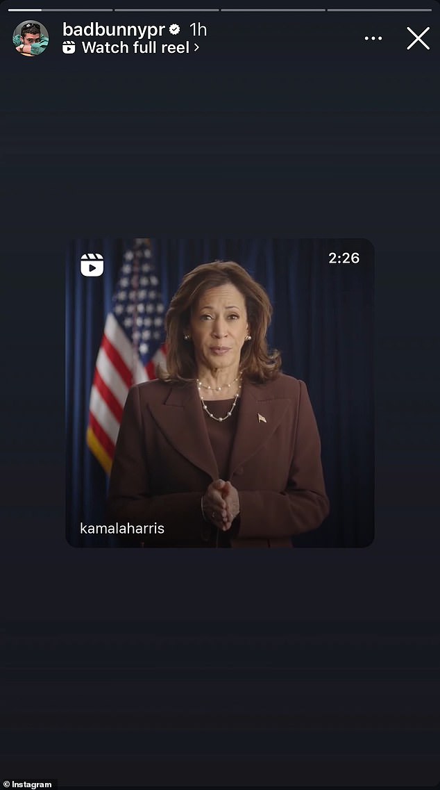 Bad Bunny also shared a clip of Harris, with his representative confirming he is supporting her in the 2024 election