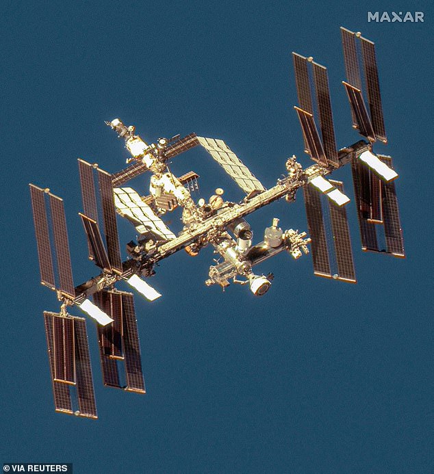 NASA also noted that tiny meteorites and space debris were another top-level risk which could damage spacecraft before the crew have a chance to evacuate. Pictured: the ISS seen from a satellite in June 2024