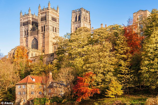 Durham Cathedral towers above autumn trees and, below, Saltburn-by-the-Sea's cliff tramway