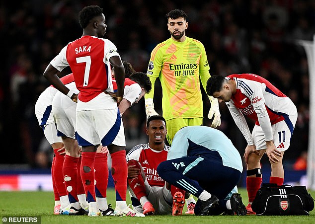 Arsenal don't expect key defender Gabriel (middle on floor) to be a long-term injury absentee